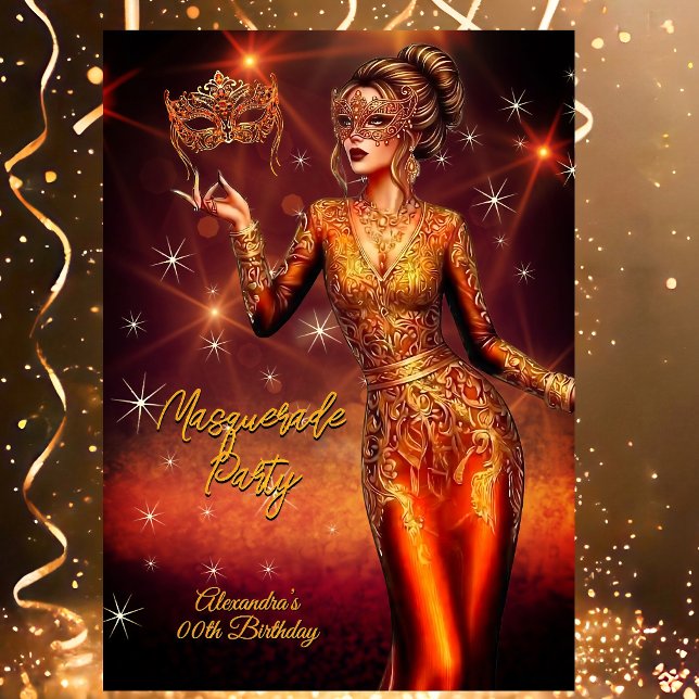 Convite Masquerade Birthday Gold Copper Stunning Dress (Criador carregado)