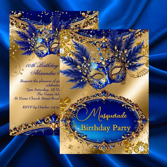Convite Masquerade birthday Party Gold Blue Mask Feathers (Criador carregado)