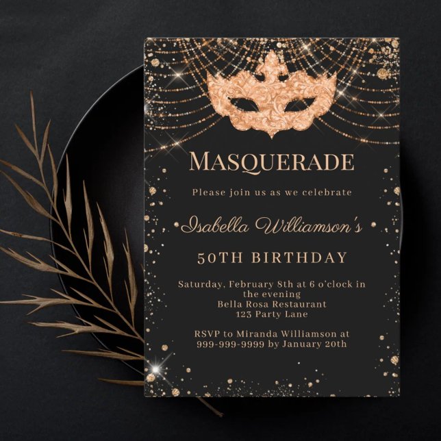 Convite Masquerade black gold birthday party (Criador carregado)
