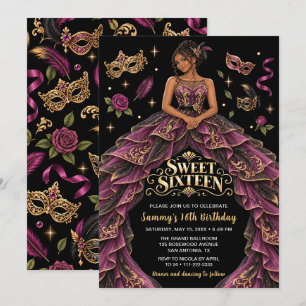 Convite Masquerade Borgonha Dourado Sweet Sixteen