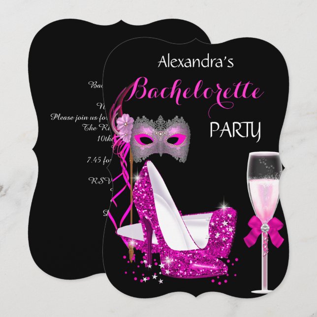 Convite Masquerade Champagne Despedida de Solteira Rosa Qu (Frente/Verso)