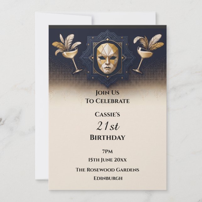 Convite Masquerade Cocktail Navy Gold (Frente)