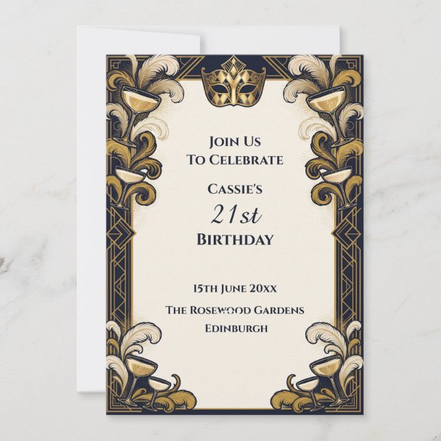 Convite Masquerade Cocktail Preto Dourado (Frente)