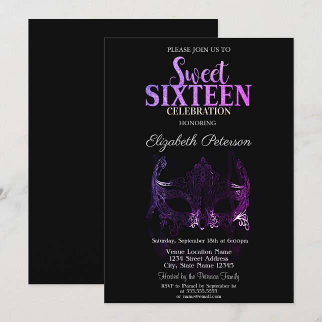 Convite Masquerade,Convite Purple Masque Sweet 16 (Frente/Verso)
