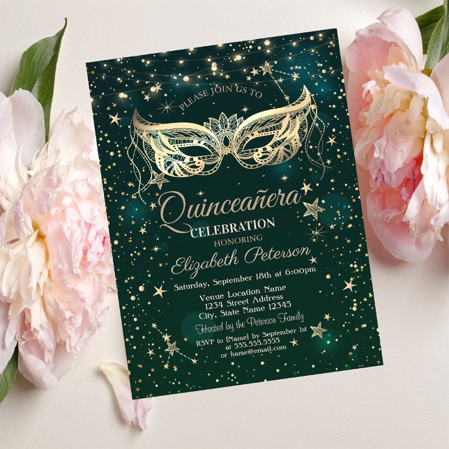 Convite Masquerade, Estrelas Verdes  Quinceañera (Criador carregado)