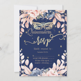Convite Masquerade, Flores Azuis, Estrelas Douradas RSVP