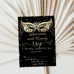 Convite Masquerade Gold Diamonds Sweet 16 RSVP