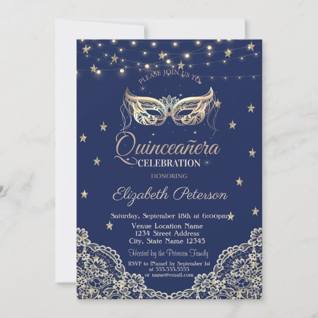 Convite Masquerade,Luzes de Corda,Renda,Estrelas Quinceañe (Frente)