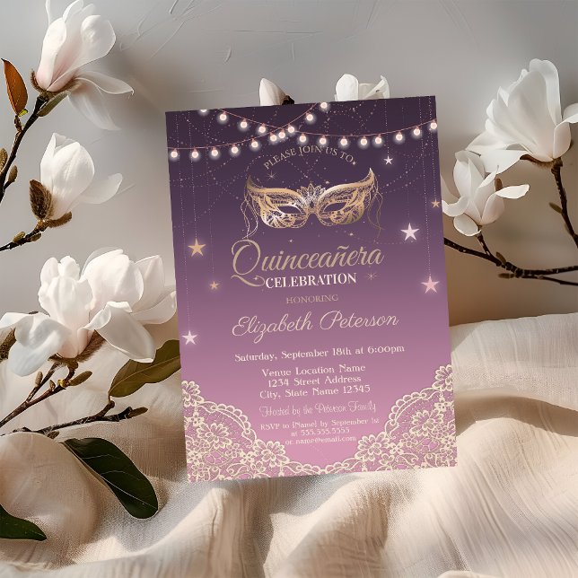 Convite Masquerade,Luzes de Corda,Renda Quinceañera (Criador carregado)