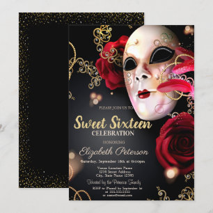 Convite Masquerade,Máscara,Confetes Rosas Vermelhas Sweet