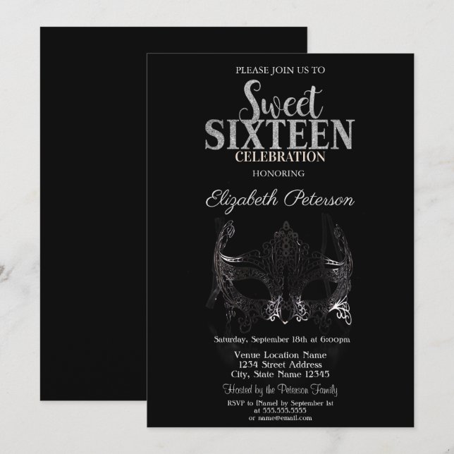 Convite Masquerade, Máscara Prateada Sweet 16 (Frente/Verso)