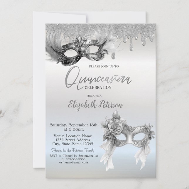 Convite Masquerade Masque Glitter Drips Silver Quinceanera (Frente)