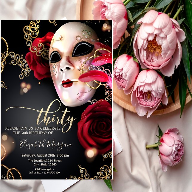 Convite Masquerade, Masque Rosas Vermelhas Aniversário de  (Criador carregado)