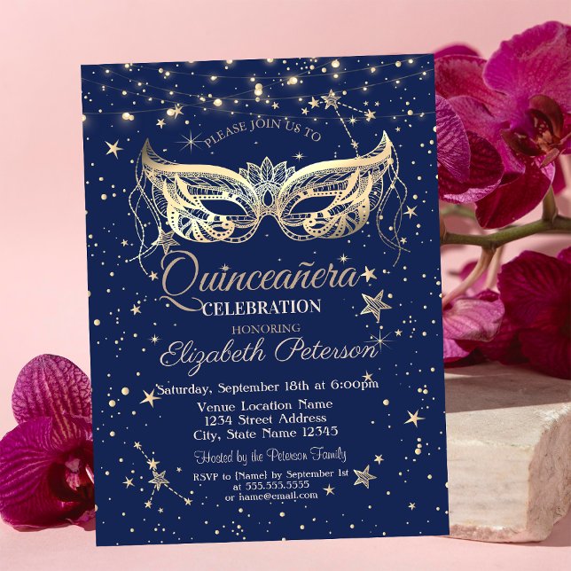Convite Masquerade, Navy Blue Stars  Quinceañera (Criador carregado)