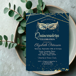 Convite Masquerade, Ouro, Quinceañera Azul-Marinho