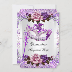 Convite Masquerade Quinceanera Prata Rosa Roxo Rosa