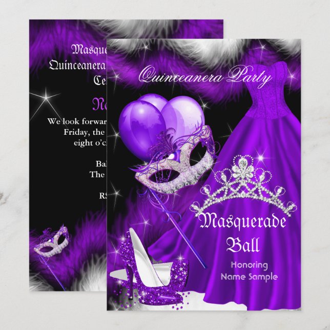 Convite Masquerade Quinceanera Roxo Pena Preta 2a (Frente/Verso)