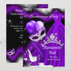 Convite Masquerade Quinceanera Roxo Pena Preta 2a