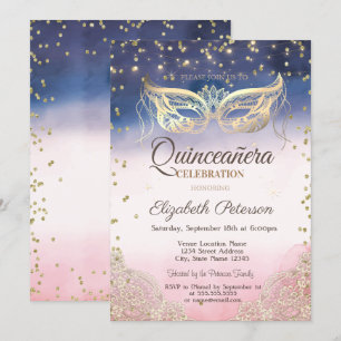 Convite Masquerade, Renda, Diamantes Ombre Quinceañera