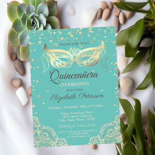 Convite Masquerade, Renda, Diamantes Verde Claro Quinceañe