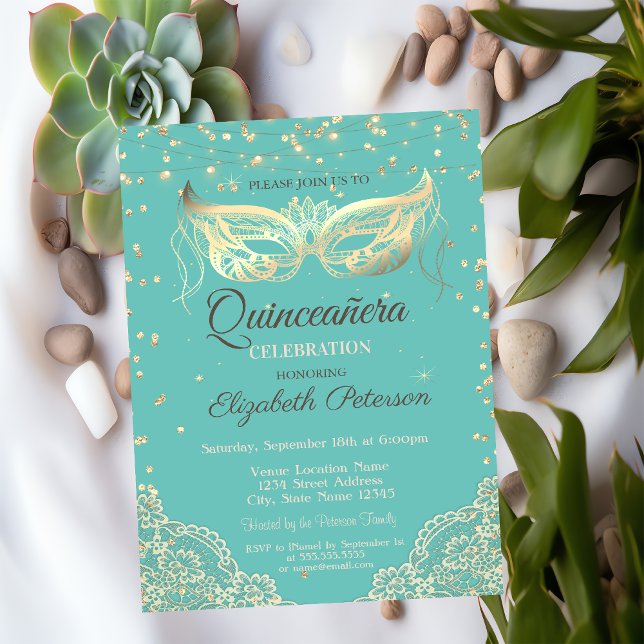 Convite Masquerade, Renda, Diamantes Verde Claro Quinceañe (Criador carregado)