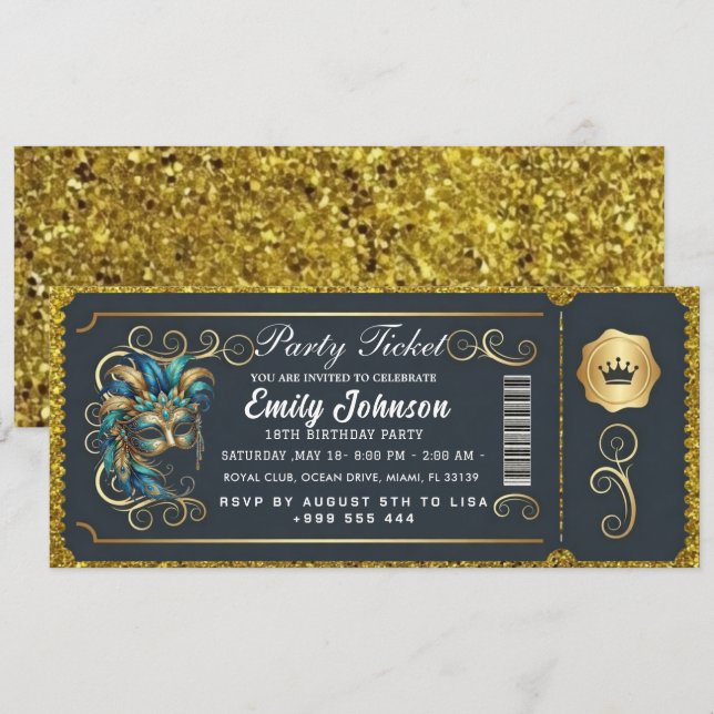 Convite Masquerade Ticket Birthday Invitation Teal Gold (Frente/Verso)