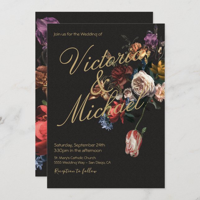 Convite Master Floral Dark & Moody Wedding holandês (Frente/Verso)