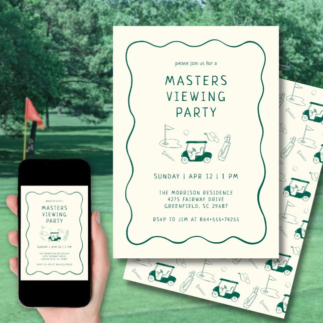 Convite Masters Golf Viewing Watch Party Hand Drawn Green (Clean, modern layout with hand-drawn golf details.)