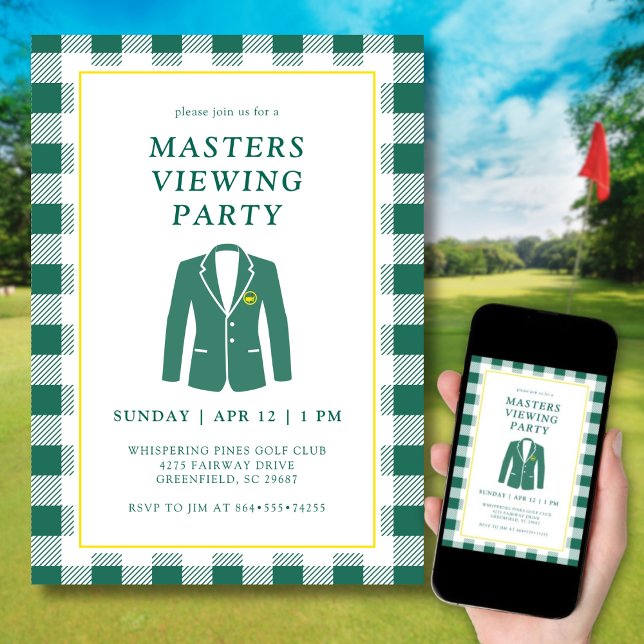 Convite  Masters Viewing Watch Party Golf Green Jacket (Elegant design inspired by the iconic green jacket.)