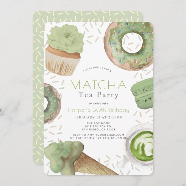 Convite Matcha Sweets Green Tea Party Adulto Aniversário (Frente/Verso)