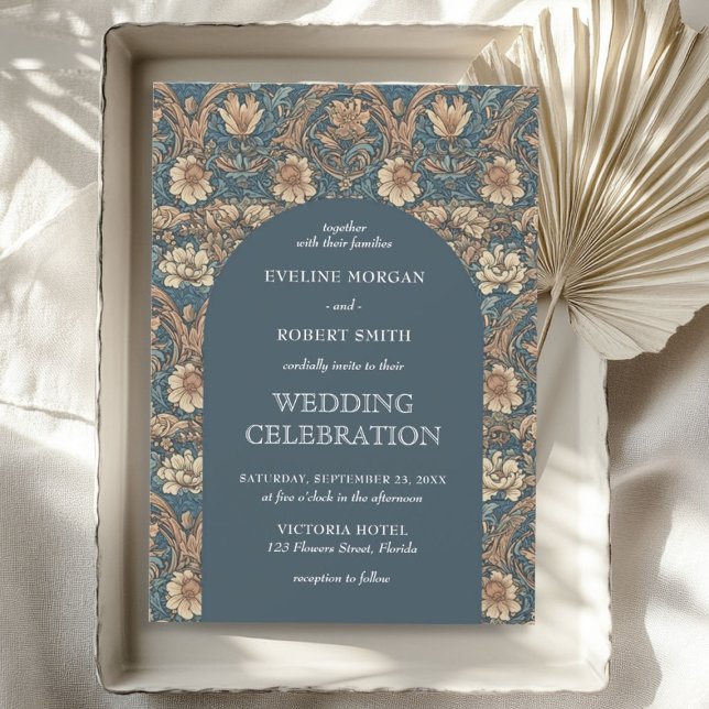Convite Matizes castanhos poeirentos marfim azul floral No (Chic brown hues dusty blue ivory floral Nouveau Invitation)