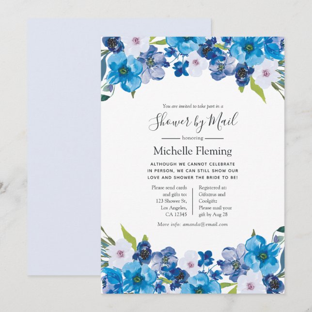 Convite Matizes de Bebê Floral Azul ou Chá de panela por C (Frente/Verso)