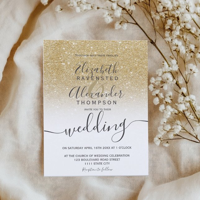 Convite matrimônio branco ombre guião ouro (gold glitter ombre white script chic wedding invitation)