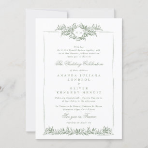 Convite matrimônio clássico de folha verde sage wreath etf