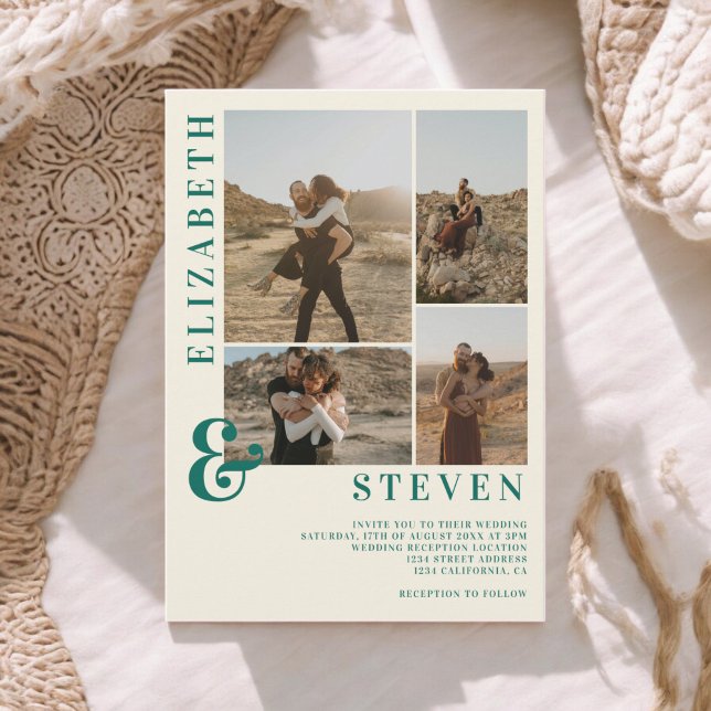 Convite Matriz verde bege retrógrado e casamento com grade (Retro green beige ampersand 5 photo grid wedding invitation)