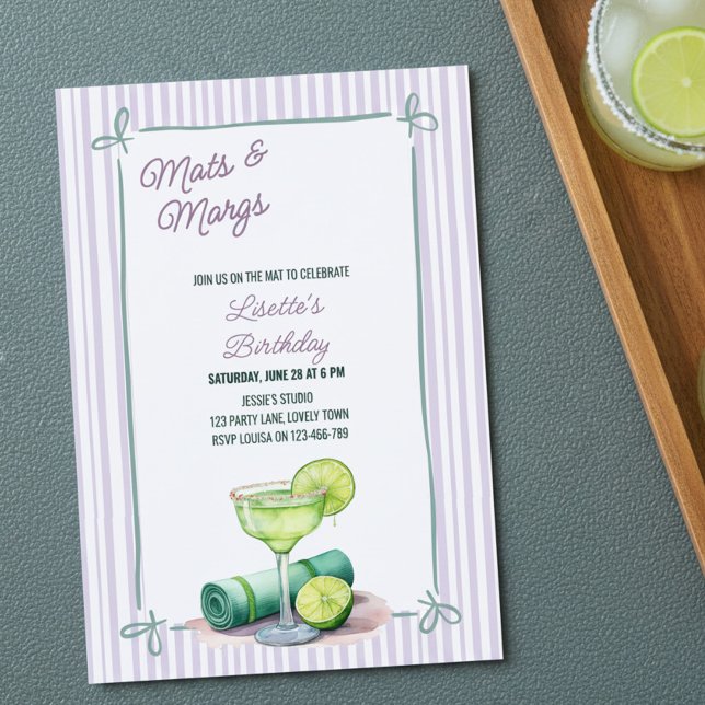Convite Mats e Margs Pilates Yoga Sip n Stretch Aniversári (Mats & Margs fitness themed celebration invitation by Darling & May)