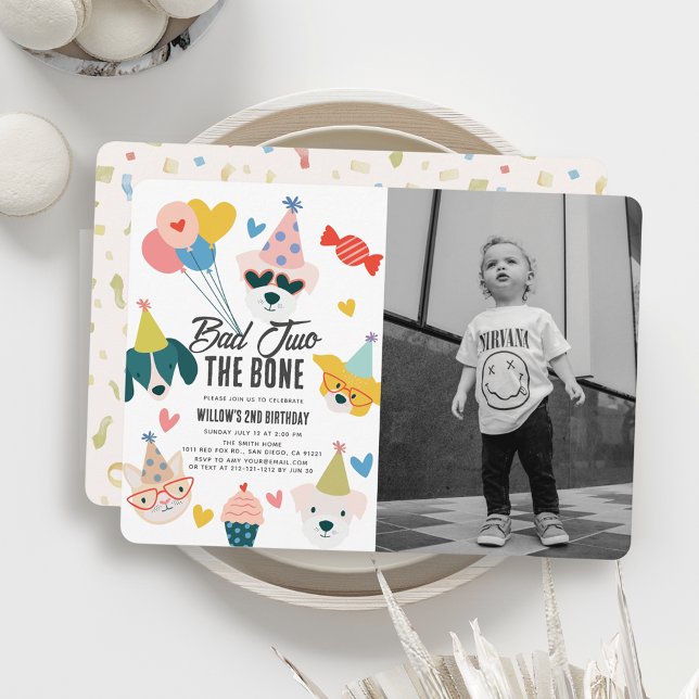 Convite Mau Dois Cães Ossos e Foto de segundo aniversário  (Criador carregado)