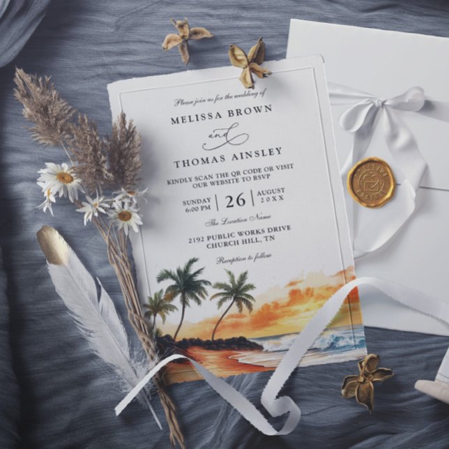 Convite Maui Hawaii Tropical Beach Elegant QR Code Wedding (Criador carregado)