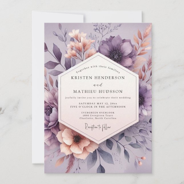 Convite Mauve Aquarelle Bloom Wedding (Frente)