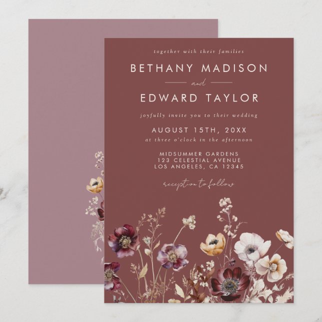 Convite Mauve Autumn Floral Wedding (Frente/Verso)