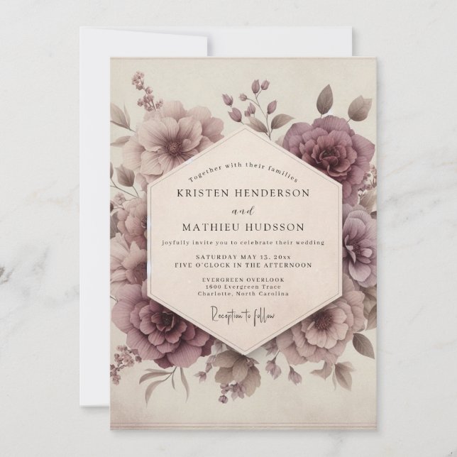 Convite Mauve Bloom Romantic Vintage Wedding (Frente)
