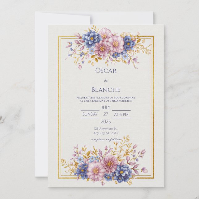 Convite Mauve Blue Botanical Gold Frame Wedding (Frente)