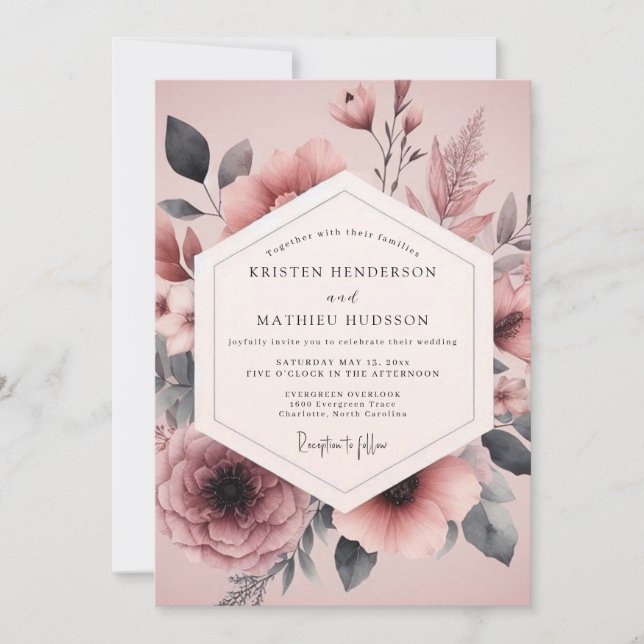 Convite Mauve Charcoal Flora Wedding (Frente)