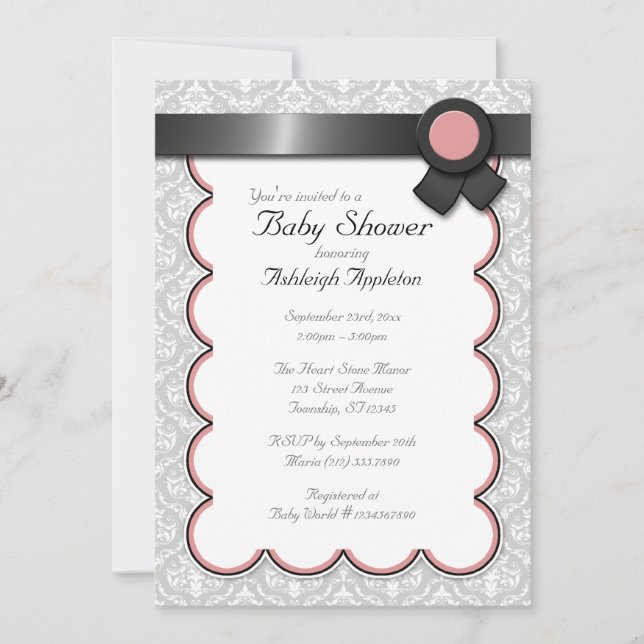 Convite Mauve & Cinza Damask Baby Shower Invants (Frente)