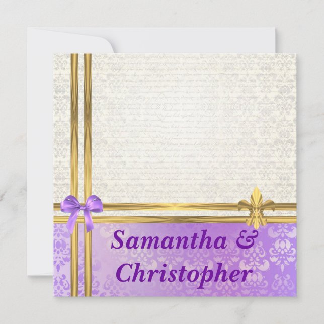Convite Mauve & creme damask com casamento da fita de ouro (Frente)