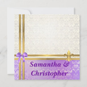 Convite Mauve & creme damask com casamento da fita de ouro