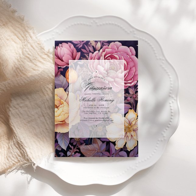 Convite Mauve e Dourada Quinceañera (Mauve and Gold Floral Quinceañera Invitation)