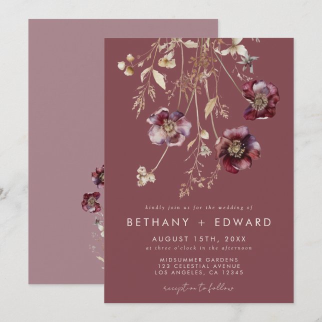 Convite Mauve Fall Floral Wedding (Frente/Verso)
