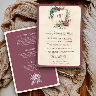 Convite Mauve Floral Código QR Anand Karaj Sikh Casamento