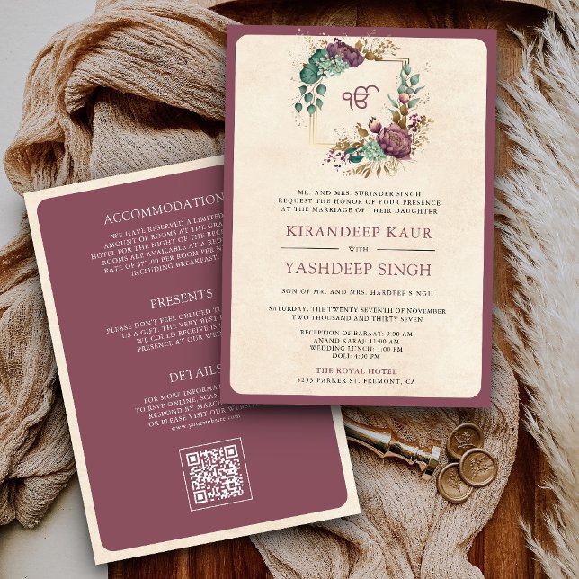 Convite Mauve Floral Código QR Anand Karaj Sikh Casamento (Criador carregado)